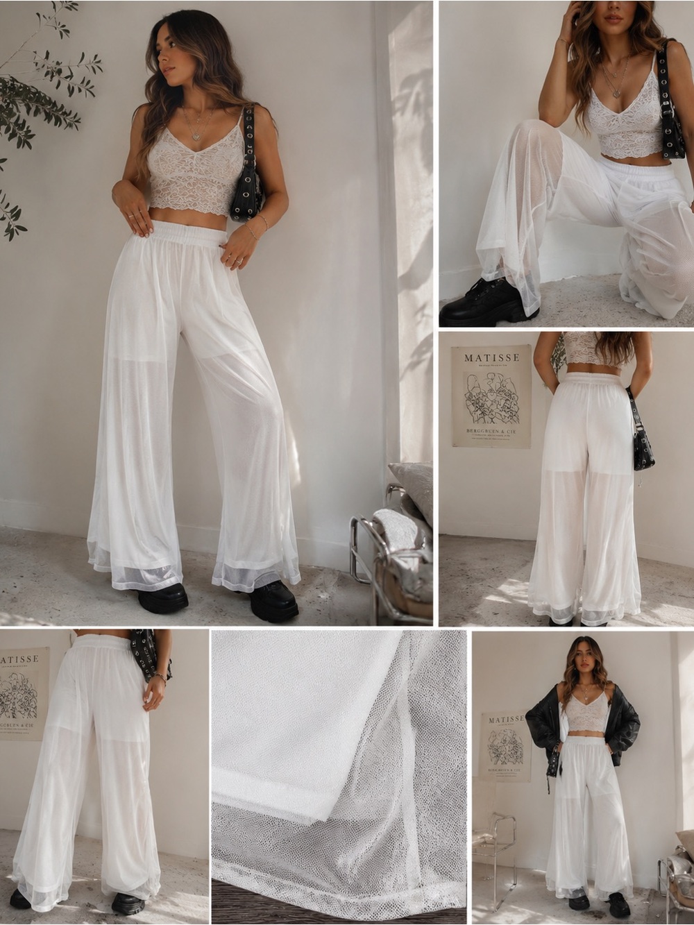 Anthony Originals White Sheer Mesh Overlay Wide Leg Pants NWT Women’s Large